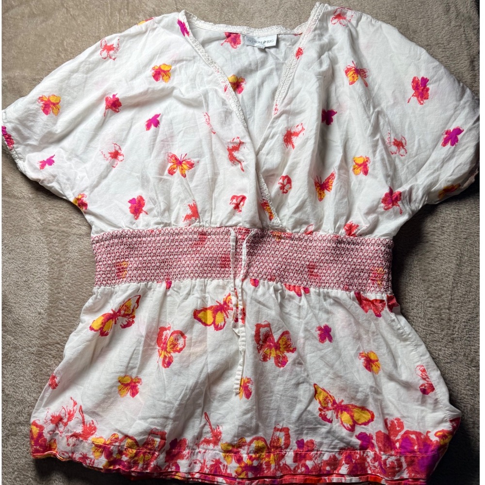 Y2K Fashion Bug Butterfly Print Smocked Empire Waist Top White Pink Orange Large